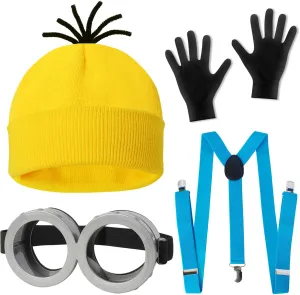 4 Pcs Halloween Costume Accessories Adults-Yellow Beanie hat/Goggles/Gloves/Suspenders for Halloween Dress Up