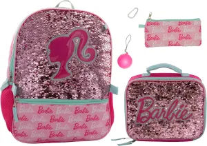 AI ACCESSORY INNOVATIONS Barbie 4 Piece Backpack Set, Sparkle & Shine with this Magic Flip Sequin School Bag for Girls with Zip Front Pocket, Pink
