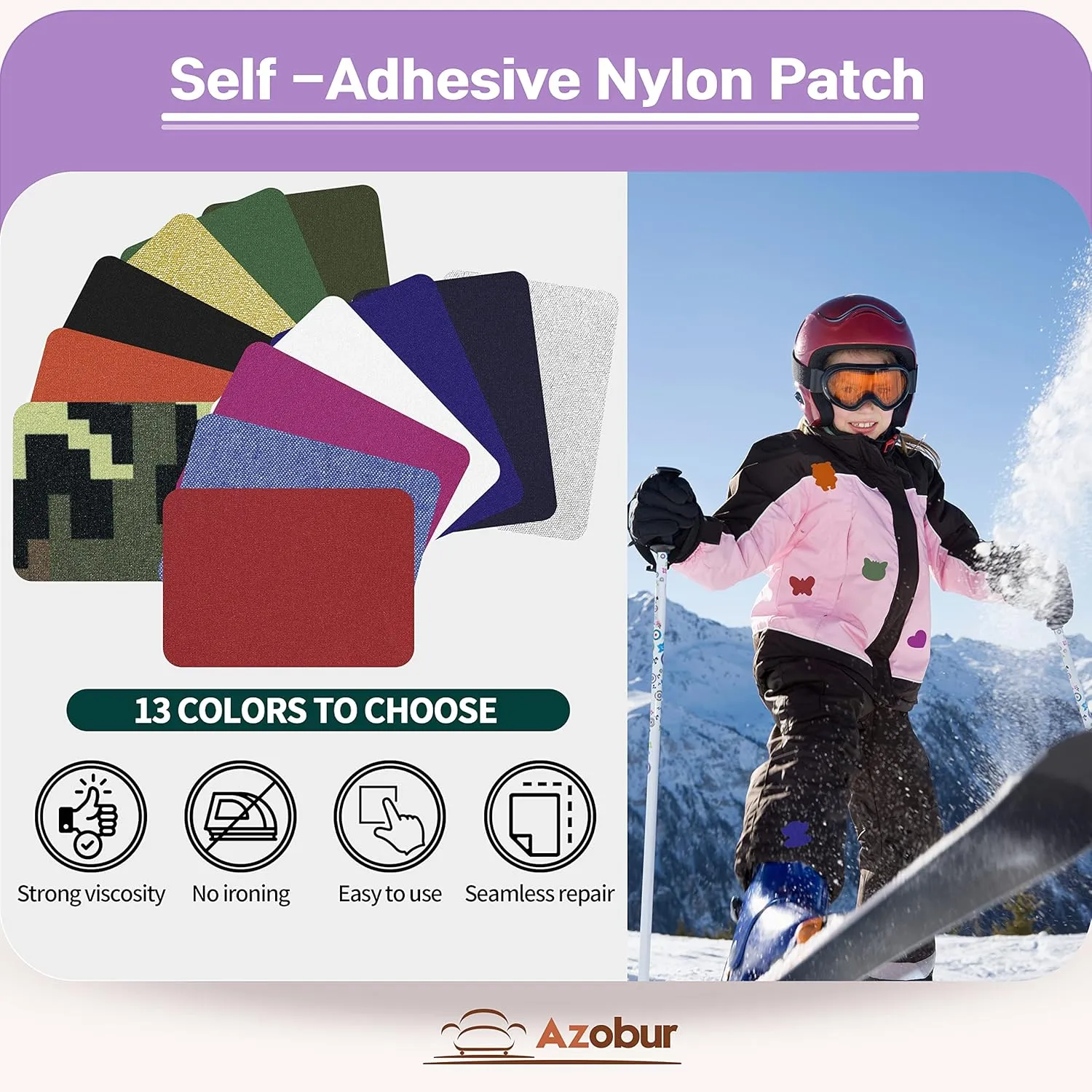 Azobur 6-Pack Nylon Repair Patch Self Adhesive Vinyl Outdoor Camping Gear Repair Kit,Waterproof Fabric Repair Patches for Down Jacket, Tent, Sleeping Bag Blue