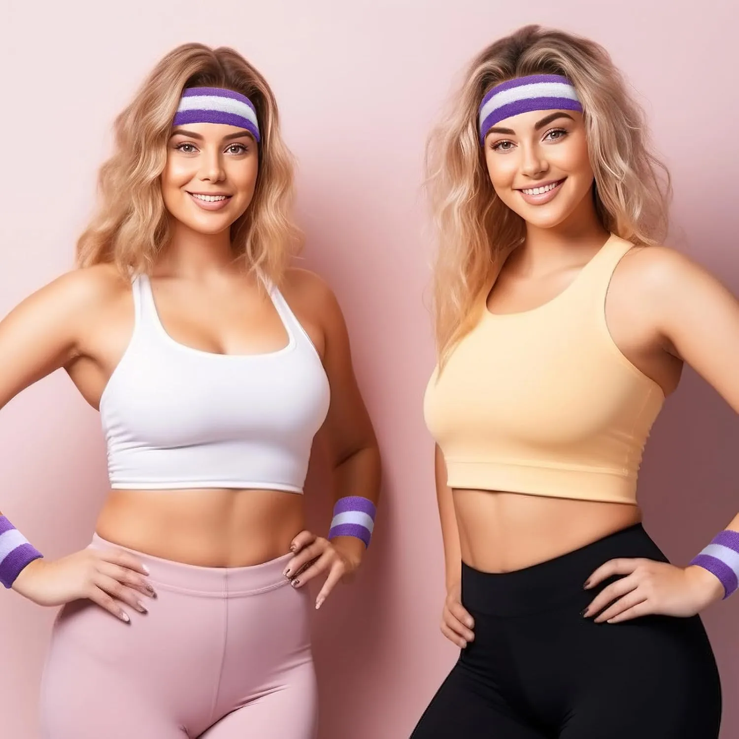 Bememo 6 Pcs Neon Striped Sports Sweatbands Set Include 2 Headbands, 4 Wristbands Terry Cloth Athletic Bands for Men, Women, Gym, Sports, Lgbt Pride Parade