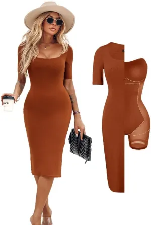 Built-in Removable Shapewear Bra Pad Bodycon Midi Dress Knitted Ribbed Square Neck Short Sleeve Basic Party Dresses