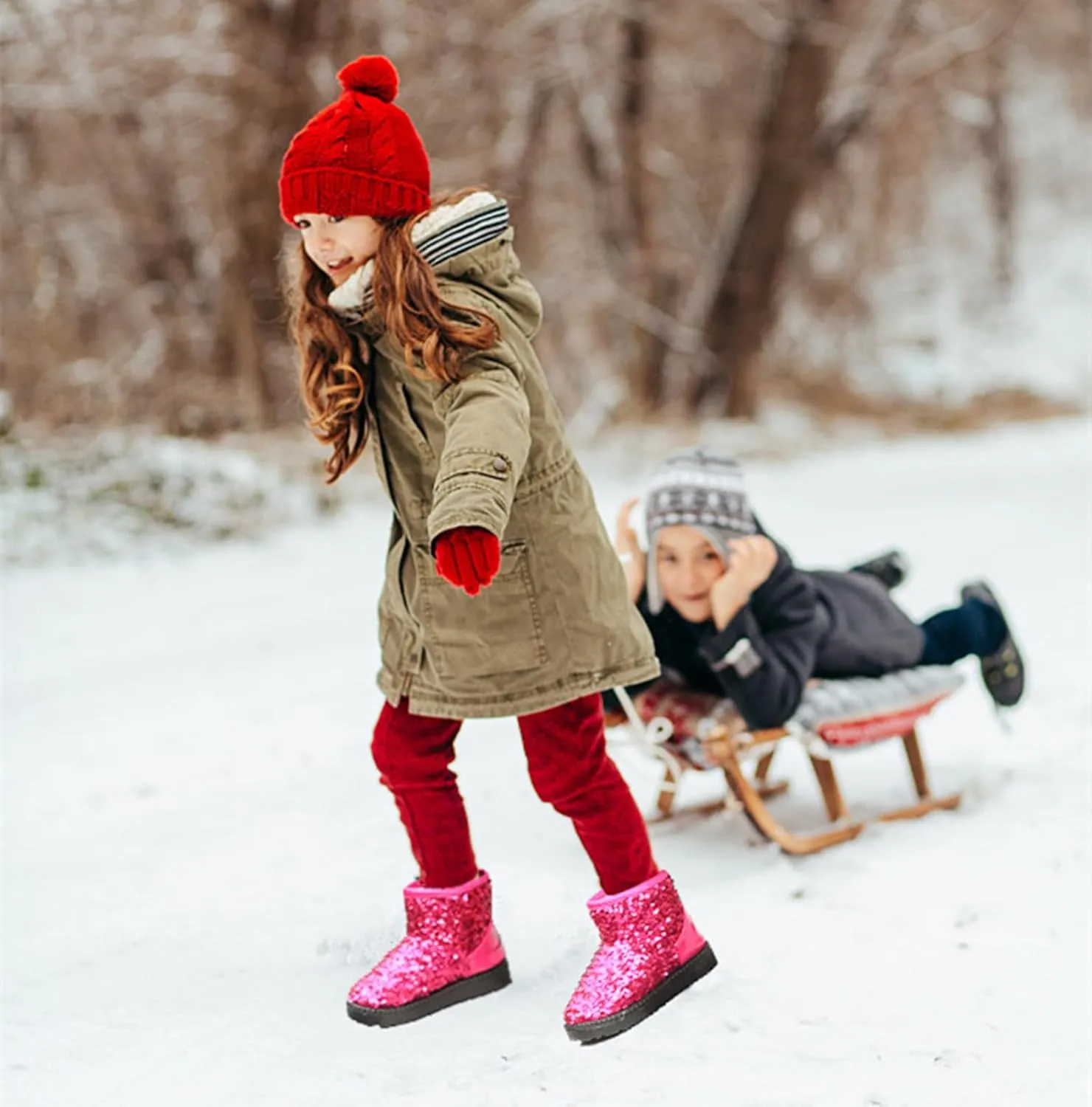 DADAWEN Boy's Girl's Warm Winter Sequin Waterpoof Outdoor Snow Boots