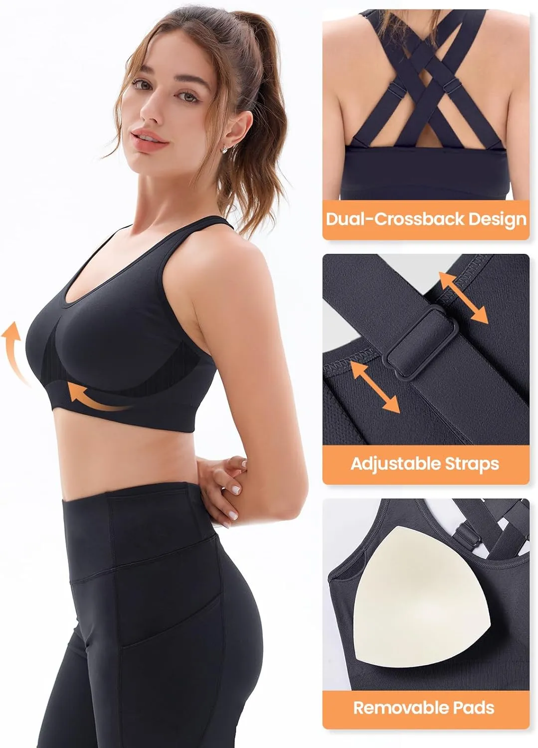 FITTIN Sports Bras for Women Padded: Adjustable Straps Cross Back Seamless Bras Pack for Workout Yoga Jogger Bodybuilder