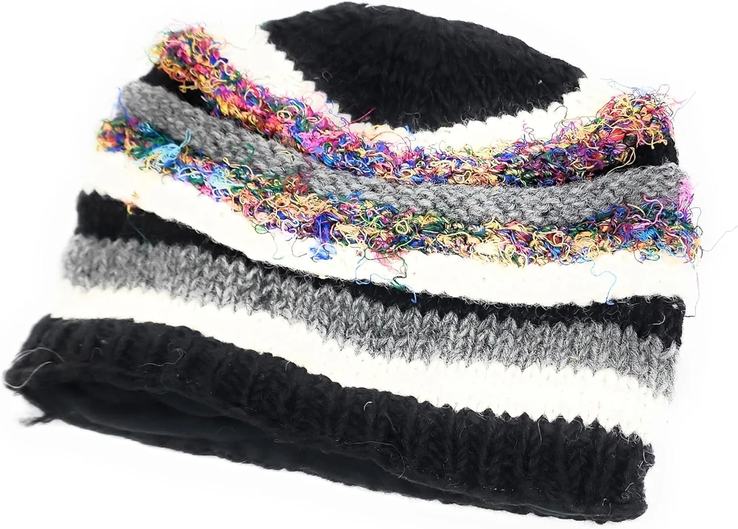 Hand Knit Wool and Recycled Silk Beanie Hat Fleece Lined Made in Nepal