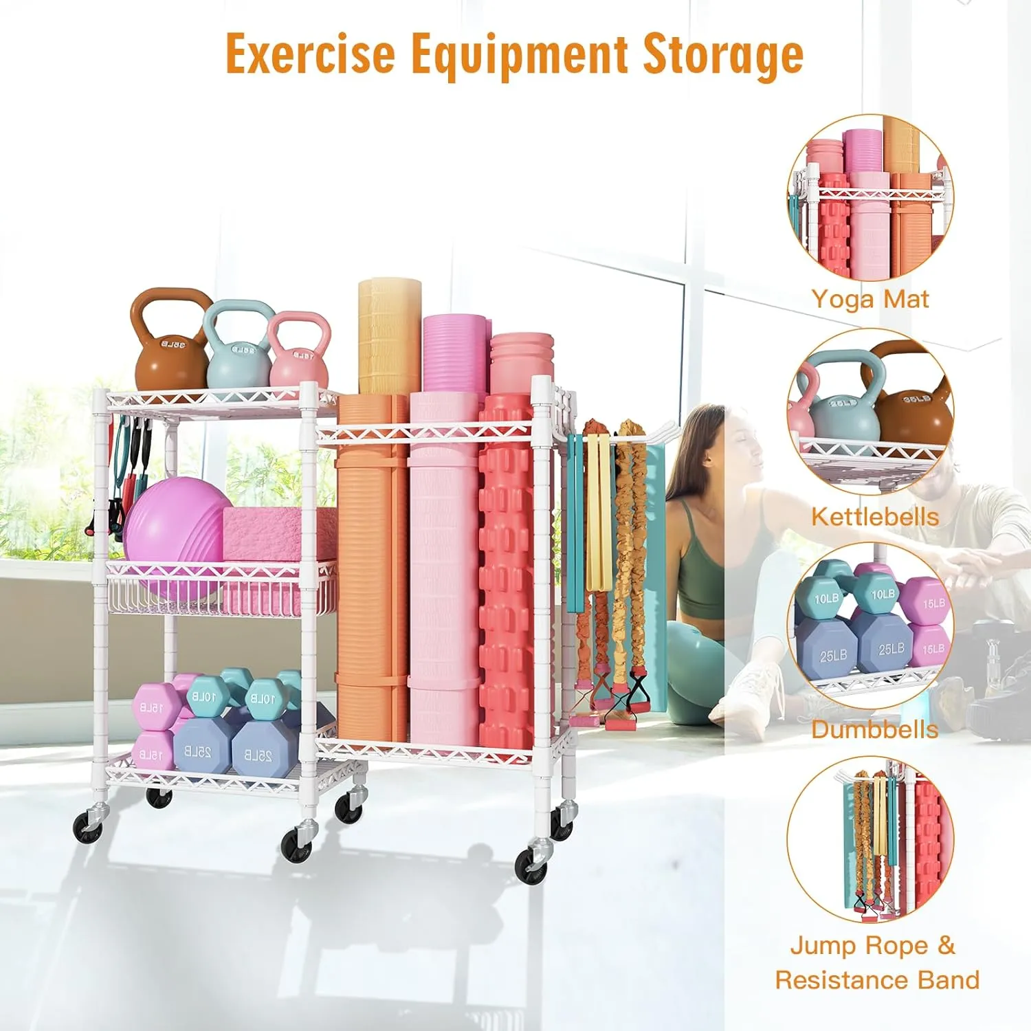 Home Gym Storage, 3 Tiers Workout Equipment Organizer with Wheels for Yoga Mats, Foam Roller, Dumbbells, Kettlebells, and Resistance Bands