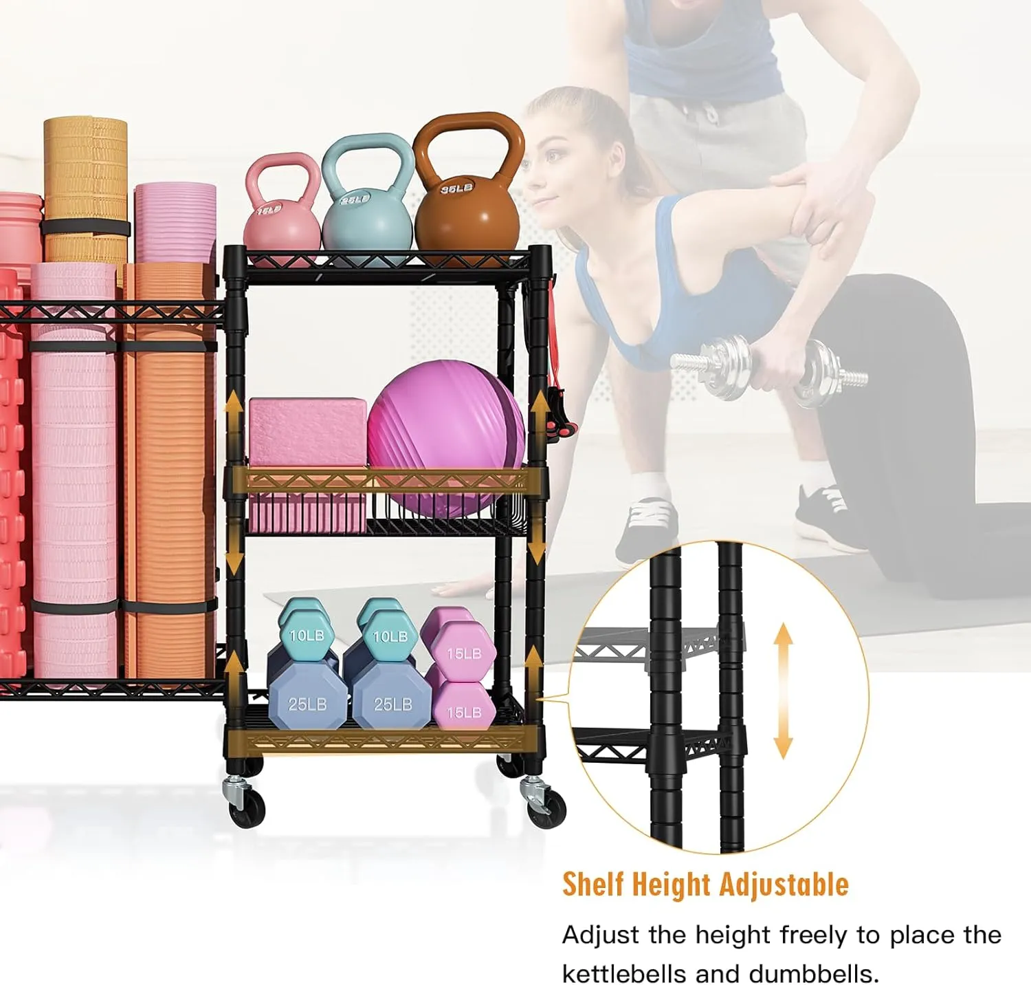 Home Gym Storage, 3 Tiers Workout Equipment Organizer with Wheels for Yoga Mats, Foam Roller, Dumbbells, Kettlebells, and Resistance Bands