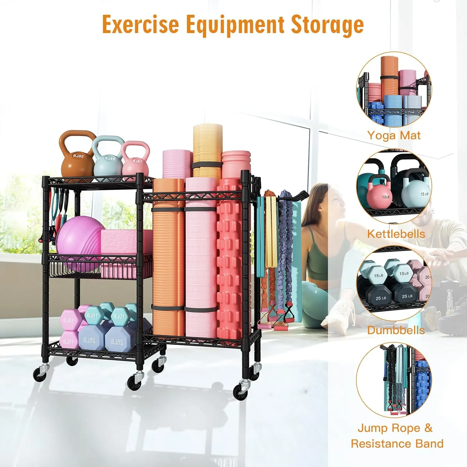Home Gym Storage, 3 Tiers Workout Equipment Organizer with Wheels for Yoga Mats, Foam Roller, Dumbbells, Kettlebells, and Resistance Bands