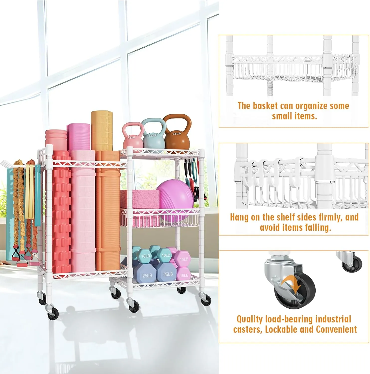 Home Gym Storage, 3 Tiers Workout Equipment Organizer with Wheels for Yoga Mats, Foam Roller, Dumbbells, Kettlebells, and Resistance Bands