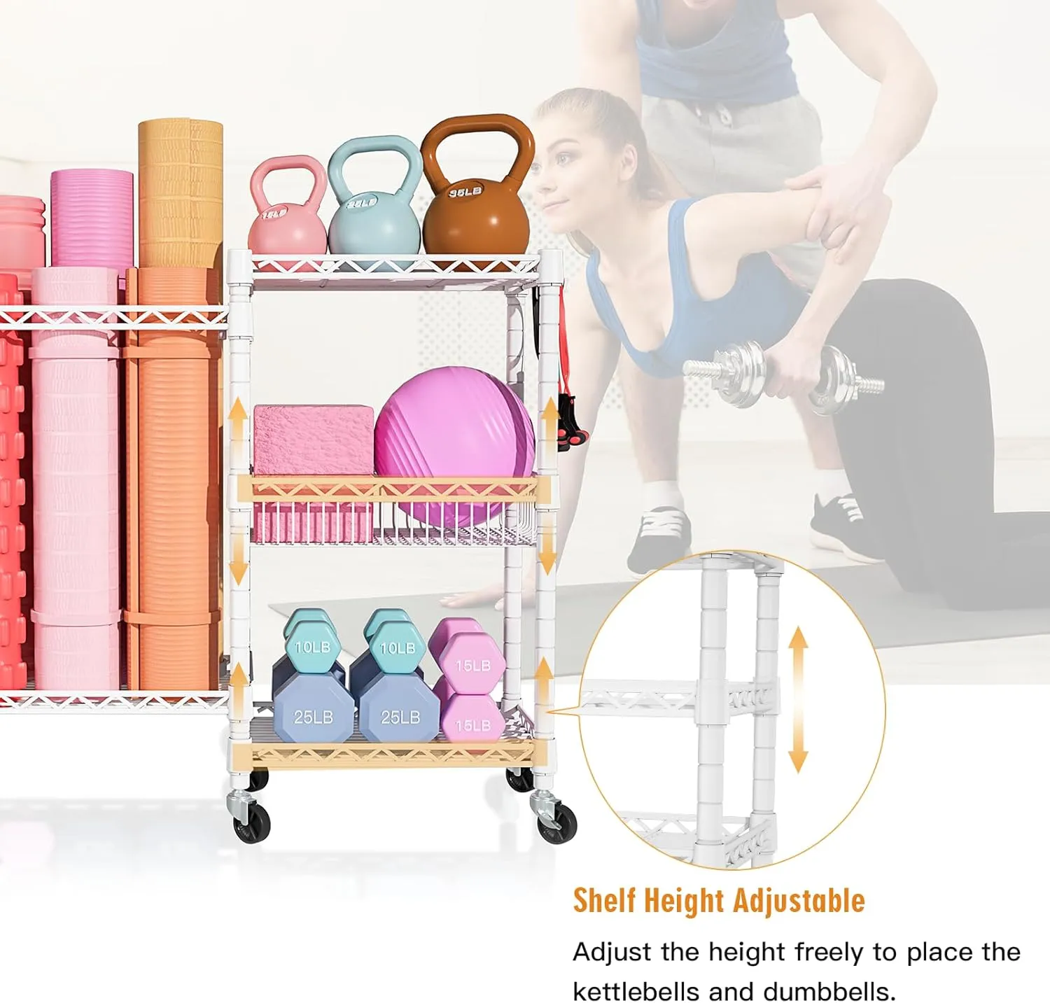 Home Gym Storage, 3 Tiers Workout Equipment Organizer with Wheels for Yoga Mats, Foam Roller, Dumbbells, Kettlebells, and Resistance Bands