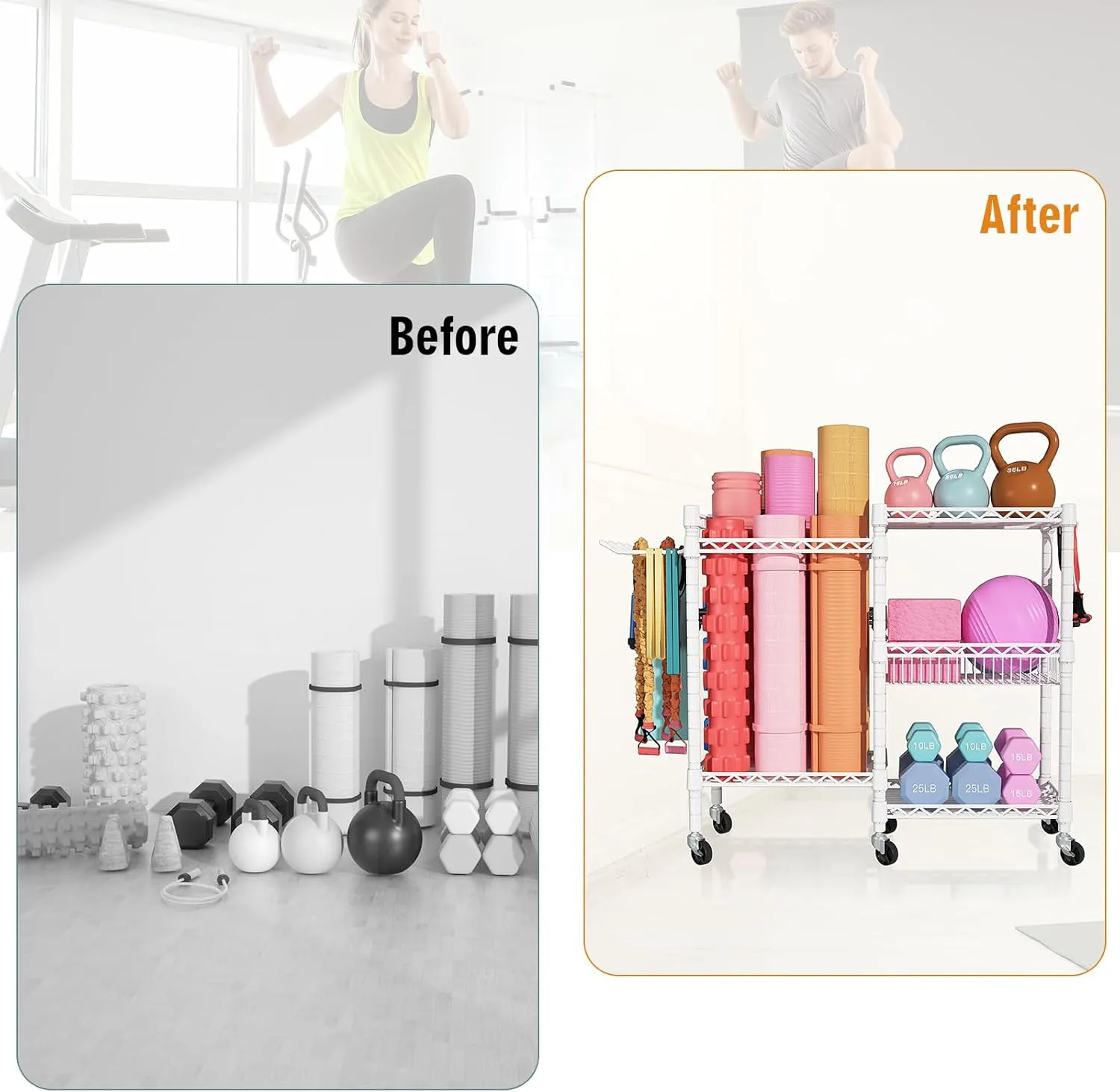 Home Gym Storage, 3 Tiers Workout Equipment Organizer with Wheels for Yoga Mats, Foam Roller, Dumbbells, Kettlebells, and Resistance Bands