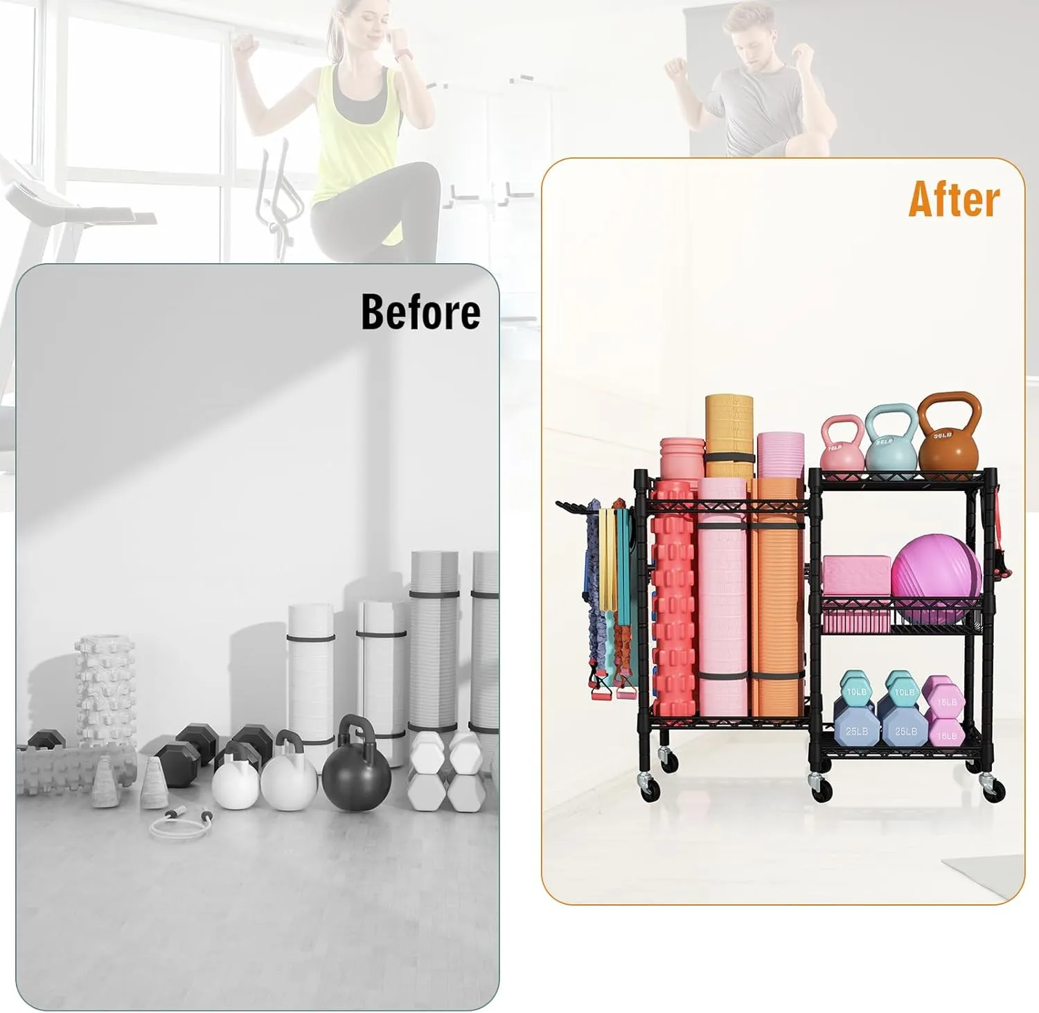 Home Gym Storage, 3 Tiers Workout Equipment Organizer with Wheels for Yoga Mats, Foam Roller, Dumbbells, Kettlebells, and Resistance Bands