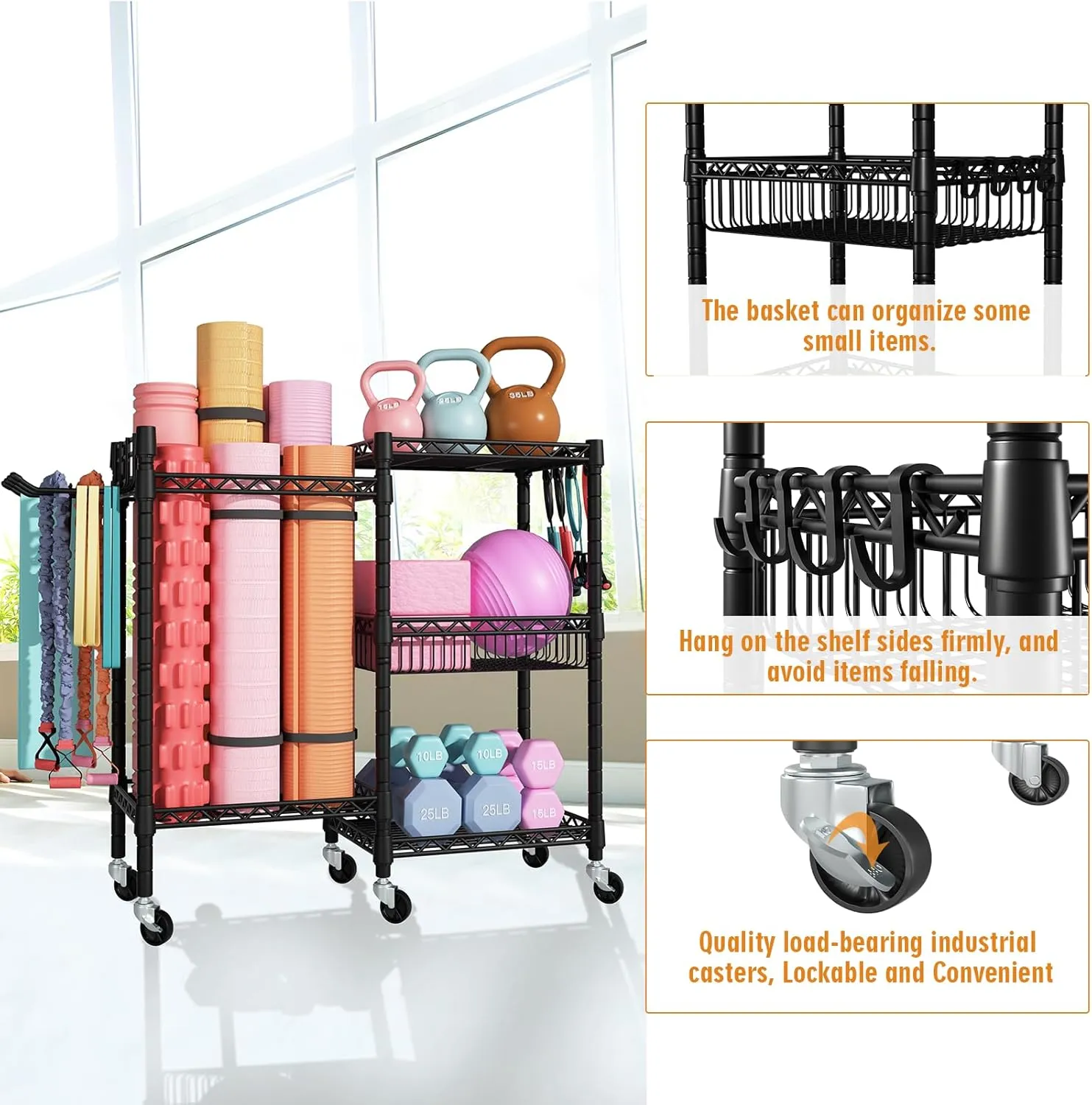 Home Gym Storage, 3 Tiers Workout Equipment Organizer with Wheels for Yoga Mats, Foam Roller, Dumbbells, Kettlebells, and Resistance Bands