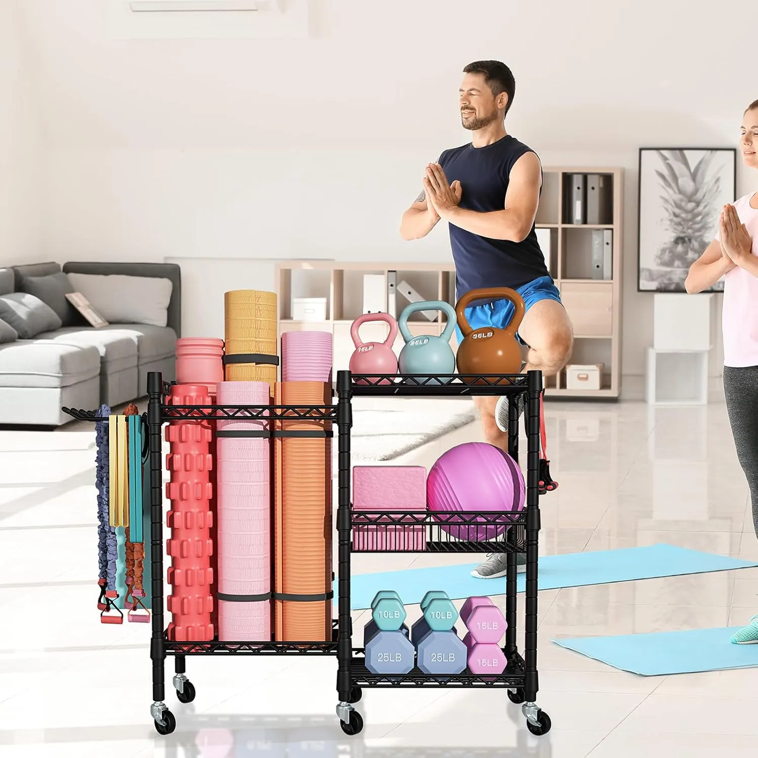 Home Gym Storage, 3 Tiers Workout Equipment Organizer with Wheels for Yoga Mats, Foam Roller, Dumbbells, Kettlebells, and Resistance Bands