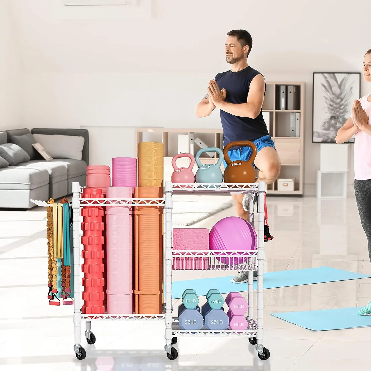Home Gym Storage, 3 Tiers Workout Equipment Organizer with Wheels for Yoga Mats, Foam Roller, Dumbbells, Kettlebells, and Resistance Bands