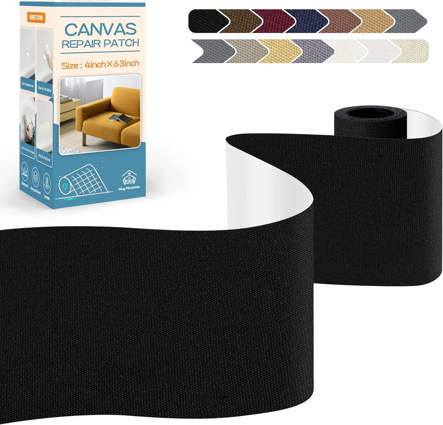 KING MOUNTAIN Canvas Repair Tape,Outdoor Gear Patch, 463 Inches,Waterproof,Self-Adhesive for Repairing Boat Covers,Sun Shades,Sofas,Tents,Lounge Chairs,Awnings (Black)