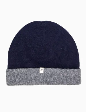 Navy & Grey Reversible Fitted Wool & Cashmere Beanie