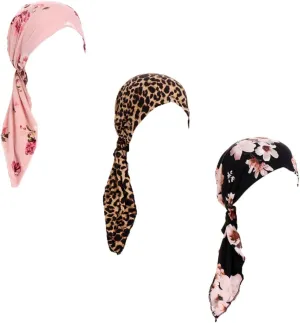 Pre Tied Chemo Head Scarf 3 Packed Beanie Skull Cover Cap for Women (Set6-Long Style)