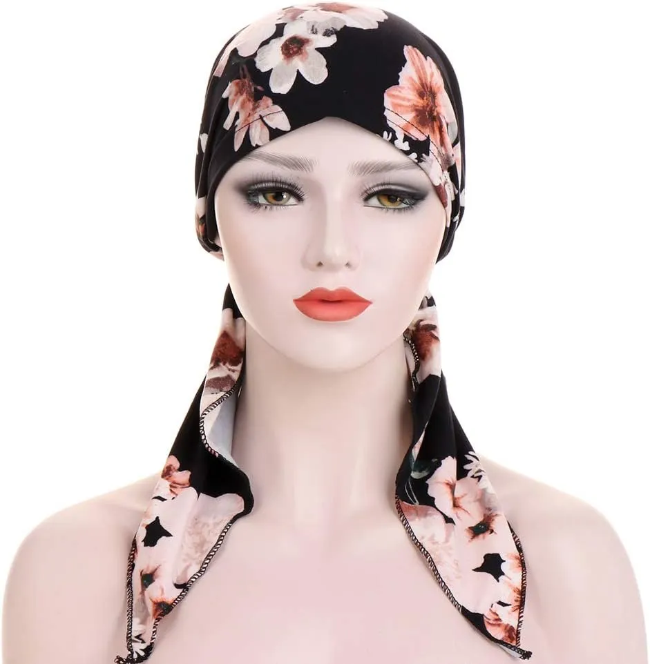 Pre Tied Chemo Head Scarf 3 Packed Beanie Skull Cover Cap for Women (Set6-Long Style)