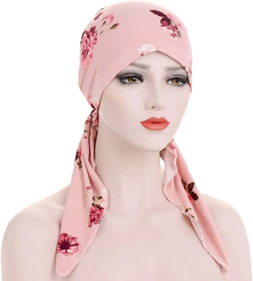 Pre Tied Chemo Head Scarf 3 Packed Beanie Skull Cover Cap for Women (Set6-Long Style)