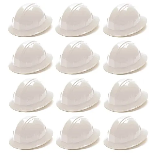 Pyramex Full Brim Hard Hat 4-Point Ratchet Suspension, White (12-Pack)