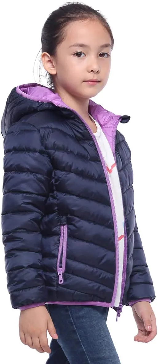 Rokka&Rolla Girls' Reversible Lightweight Puffer Jacket Hooded Water-Resistant Winter Coat