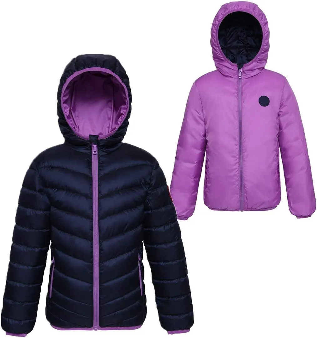 Rokka&Rolla Girls' Reversible Lightweight Puffer Jacket Hooded Water-Resistant Winter Coat