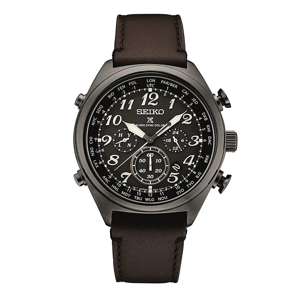 Seiko Prospex Solar Mens Black Ion Leather Band Black Quartz Dial Watch - SSG015