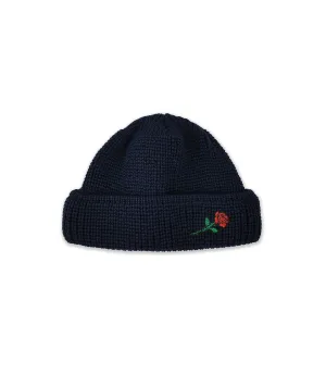 SHORT WOOL BEANIE ROSE EMBROIDERY - NAVY