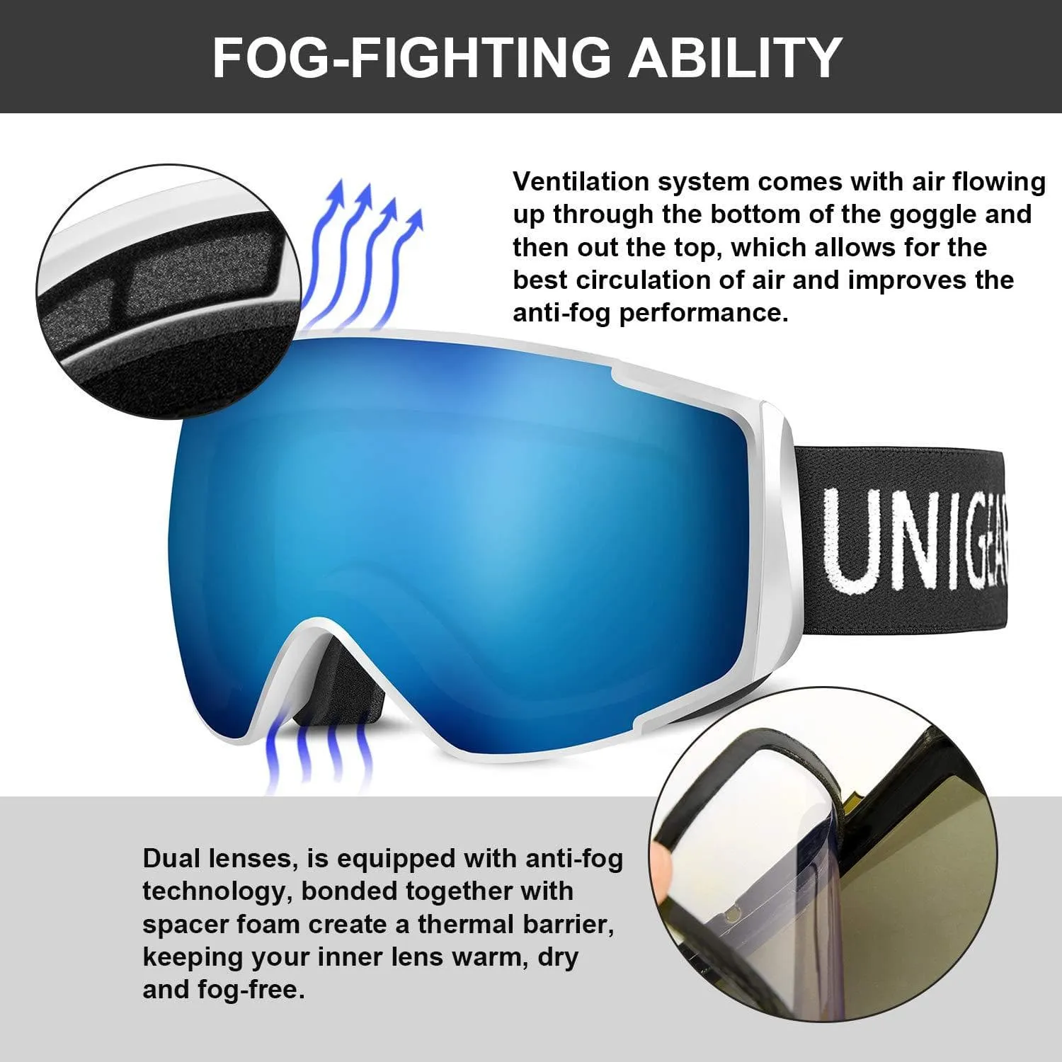 Unigear Skido X2 Ski Goggles, Toric Dual Lens Snowboard Snow Goggles for Kids, Men and Women - OTG & 100% UV Protection (Silver Lens (VLT 6.6%), Kids)