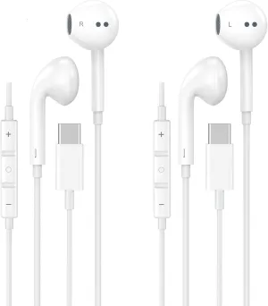 USB C Headphones for iPhone 15 16,2 Pack USBC Type C Earbuds Wired in-Ear with Mic & Volume Control Compatible with iPhone 16 15 Pro/Pro Max, iPad Pro, Galaxy S25 S24 S23 Pixel 9 8 7 USB-C Jack