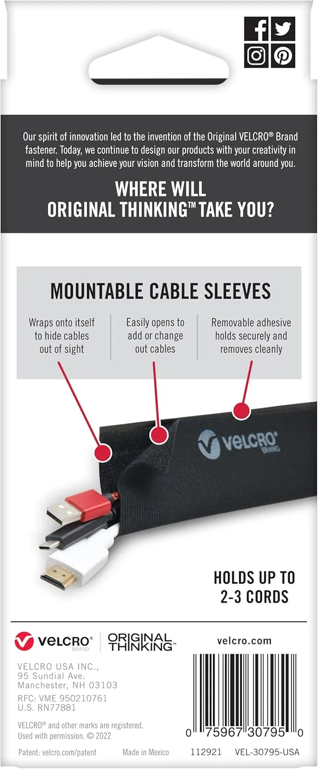 VELCRO Brand Mountable Cable Sleeve | Cord Management Mounts on Walls, Desk or Entertainment Center | Removable Adhesive is Damage Free | 8in Black, 2pk, 8in - 2Pk