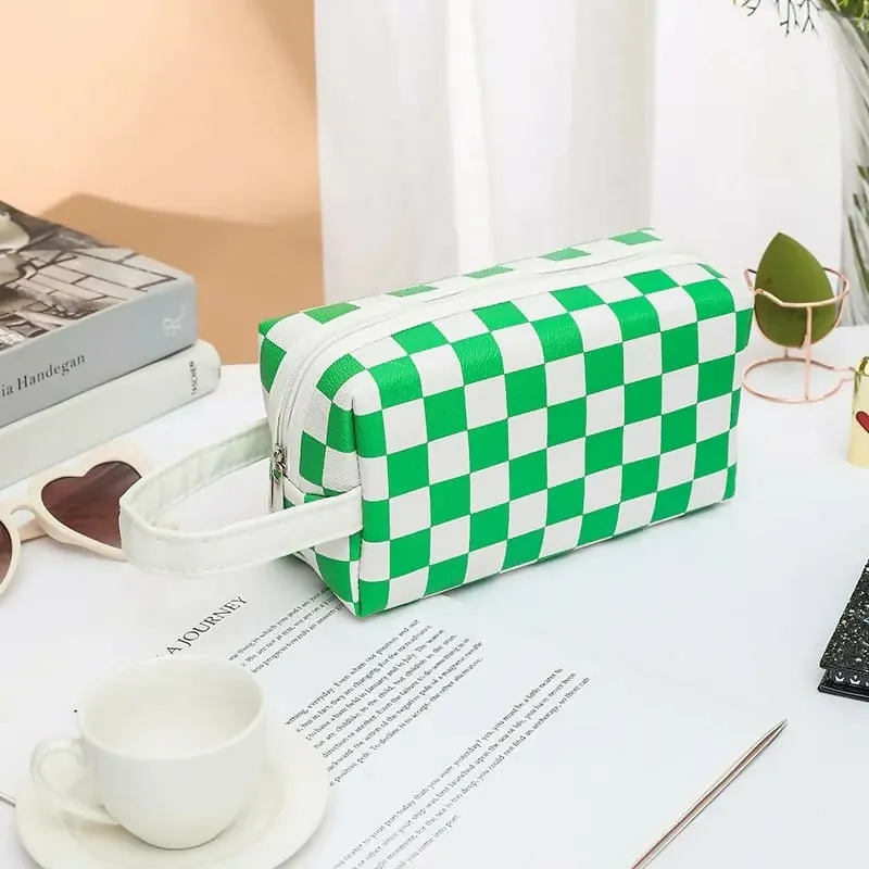 Women Waterproof PU Leather Cosmetic Storage Bags Chess