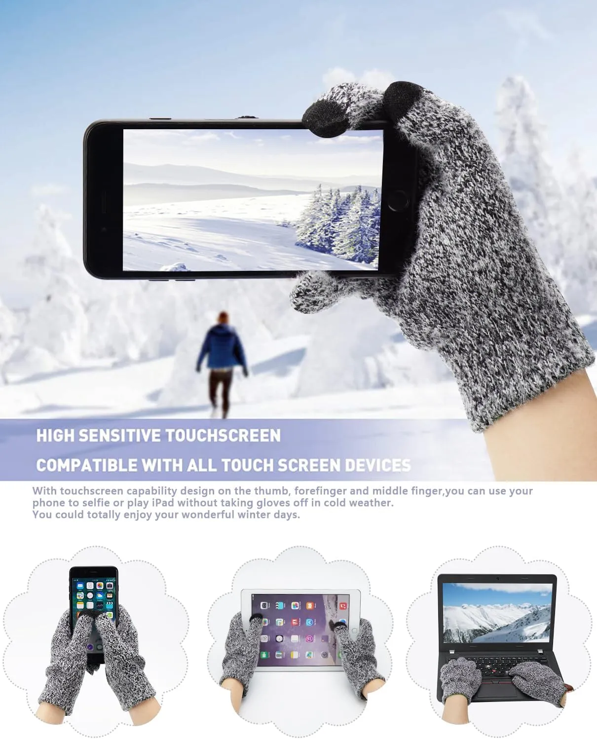 Womens Winter Warm Knit Beanie Hat Touchscreen Gloves Long Neck Scarf Set with Fleece Lined Skull Caps Gifts for Women
