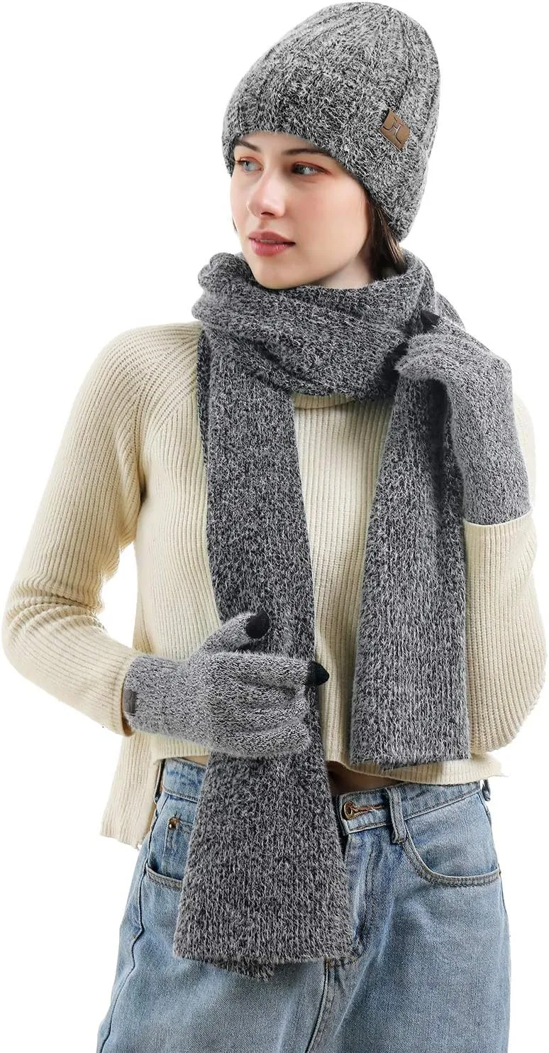 Womens Winter Warm Knit Beanie Hat Touchscreen Gloves Long Neck Scarf Set with Fleece Lined Skull Caps Gifts for Women