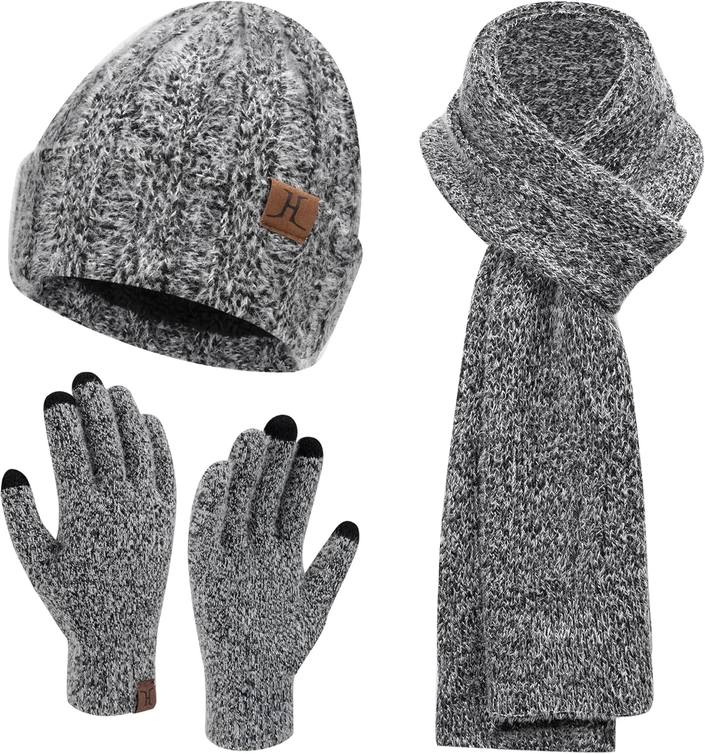 Womens Winter Warm Knit Beanie Hat Touchscreen Gloves Long Neck Scarf Set with Fleece Lined Skull Caps Gifts for Women