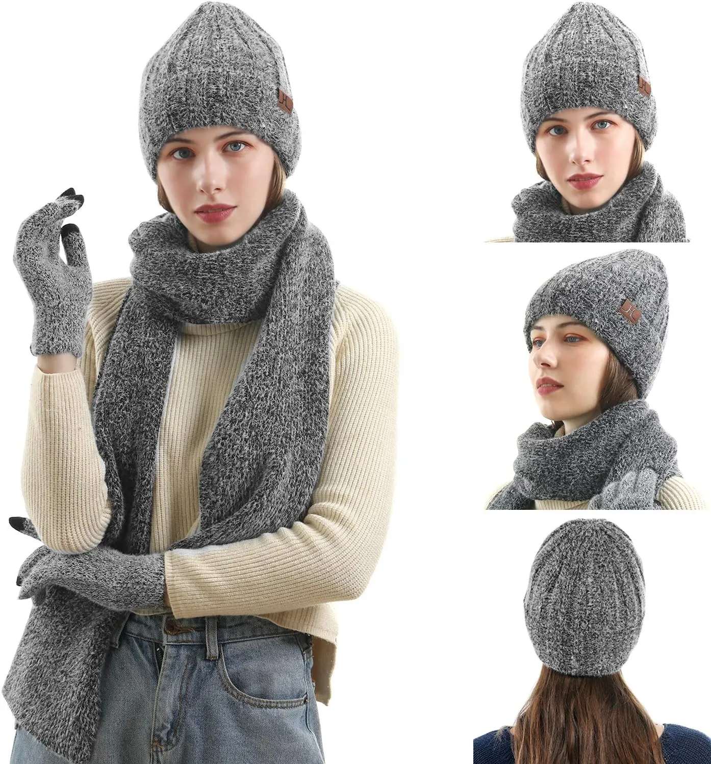 Womens Winter Warm Knit Beanie Hat Touchscreen Gloves Long Neck Scarf Set with Fleece Lined Skull Caps Gifts for Women