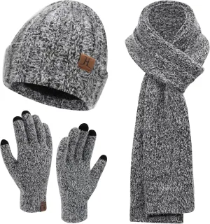 Womens Winter Warm Knit Beanie Hat Touchscreen Gloves Long Neck Scarf Set with Fleece Lined Skull Caps Gifts for Women